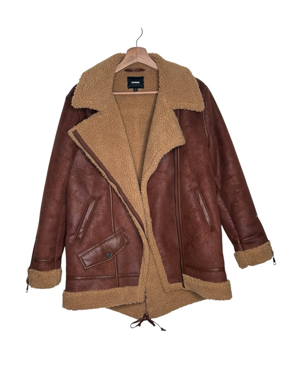 Express Faux Suede Sherpa Teddy Moto Jacket Brown Oversized Women’s Size Small - Picture 3 of 10